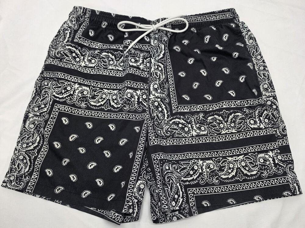 SHEIN Mens Bandana Paisley Shorts Black White Drawstring Casual Size L